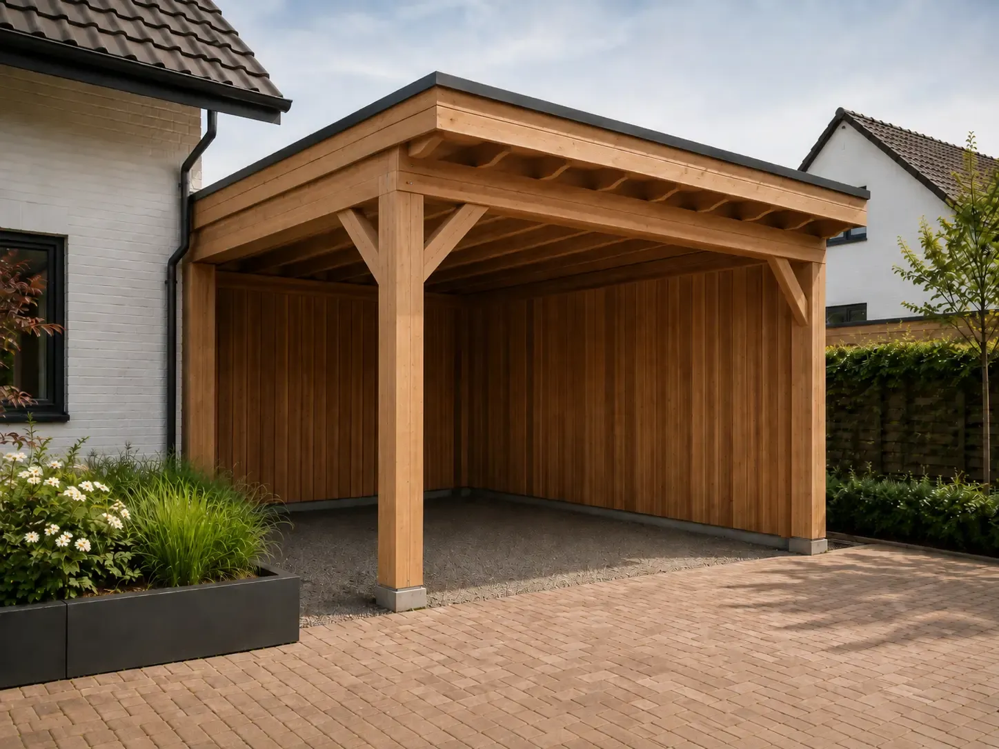 Houten carport op maat naast een woning.