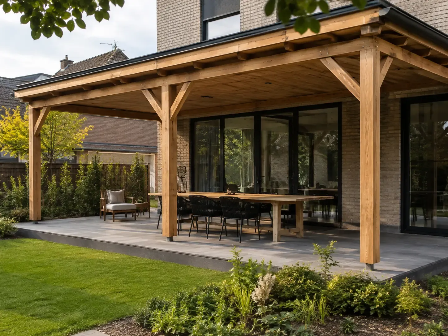 Houten veranda met zitruimte in een verzorgde achtertuin.