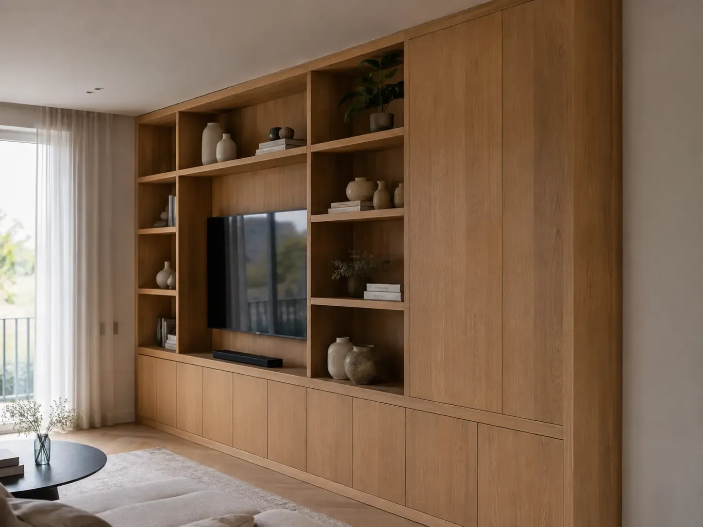 Eiken maatwerkkast met open vakken en gesloten opbergruimte in een woonkamer.